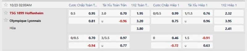 Bảng tỷ lệ kèo trận Hoffenheim vs Lyon 
